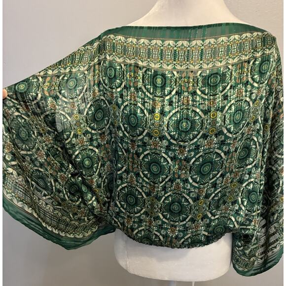 Max Studio Boho Handkerchief Blouse M Emerald Green Gold Smocked Hem Artsy Retro - Picture 3 of 14